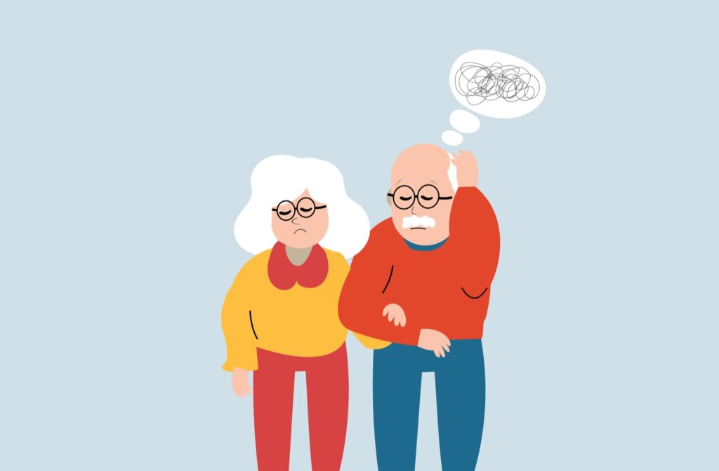 A cartoon rendition of a senior couple with a thought bubble appearing from the head of the man with scribbled lines symbolizing dementia and confusion